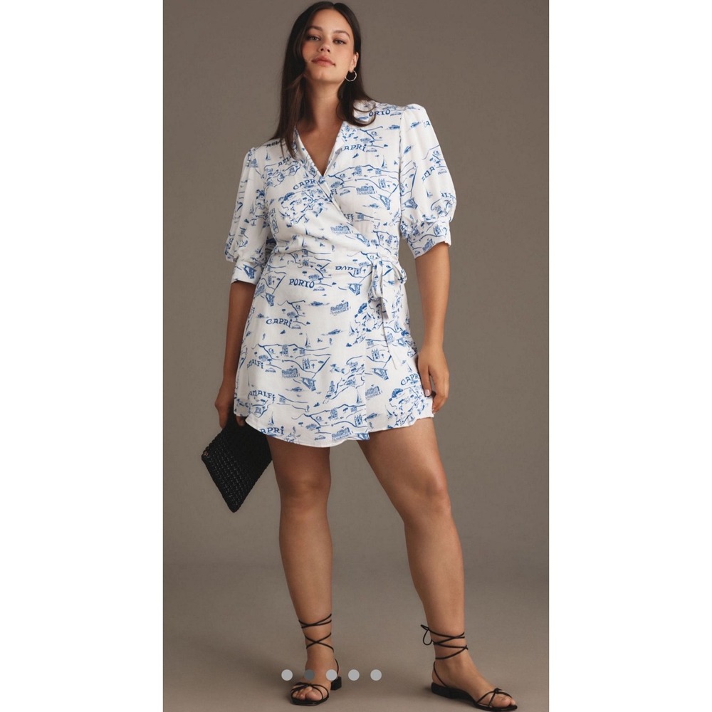 Anthropologie x Maeve Italian Coast Map Print Wrap Mini Dress Blue White